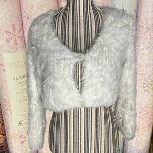 Cropped fuzzy white cardigan